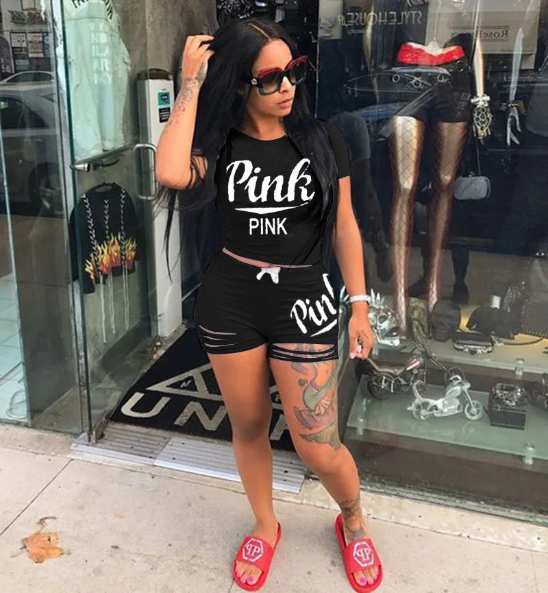 2026 Hot Selling European and American Women's Summer Pink Shorts Letter Print Burn Flower Sports Two-piece Set