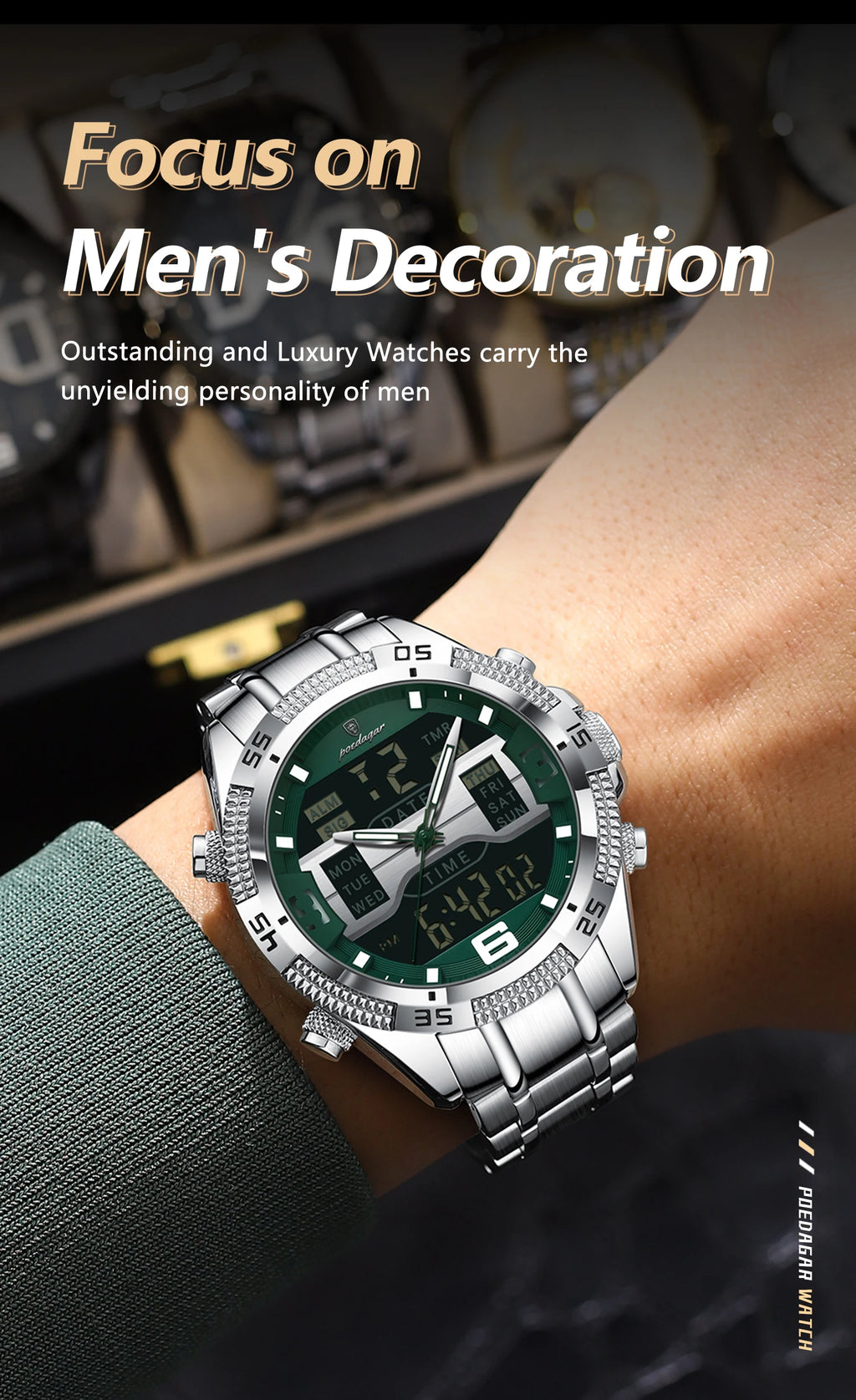 POEDAGAR LED Luxury Men Watch Sports Dual Time Display Digital Luminous Week Date Man Wristwatch Electronic Quartz Men's Watches