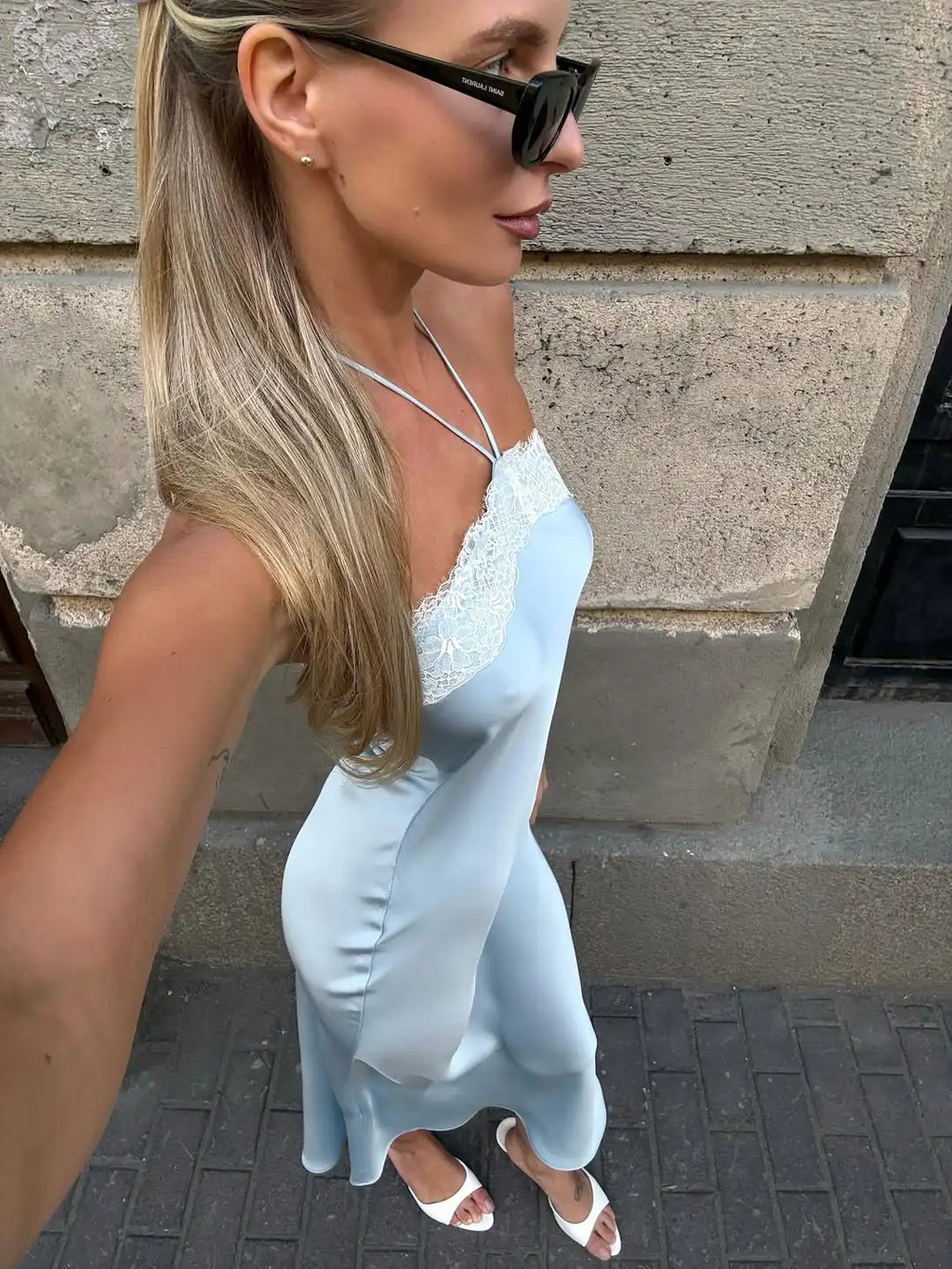 Women's Blue Satin Lace Trim Halter Neck Maxi Dress Elegant Sleeveless Backless Slim Long Robes 2026 Female Evening Party Gowns