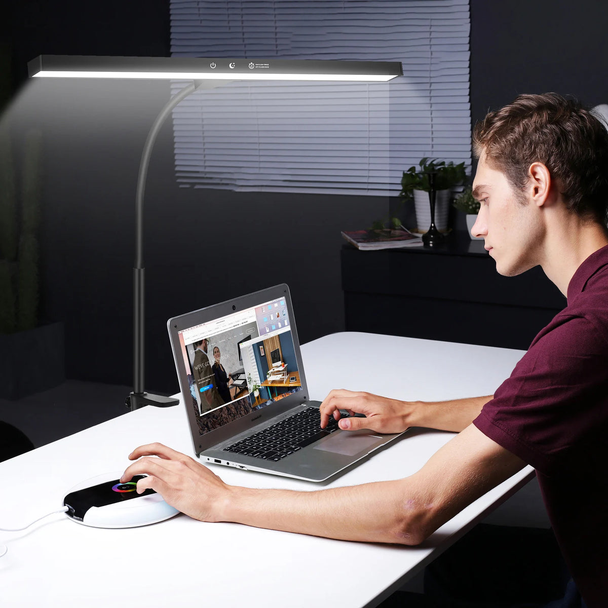 NEWACALOX EU/US 12V 24W Touch Control Desk Lamp with Clamp 360° Adjustable Gooseneck 3 Colors Table Light for Home Office Study