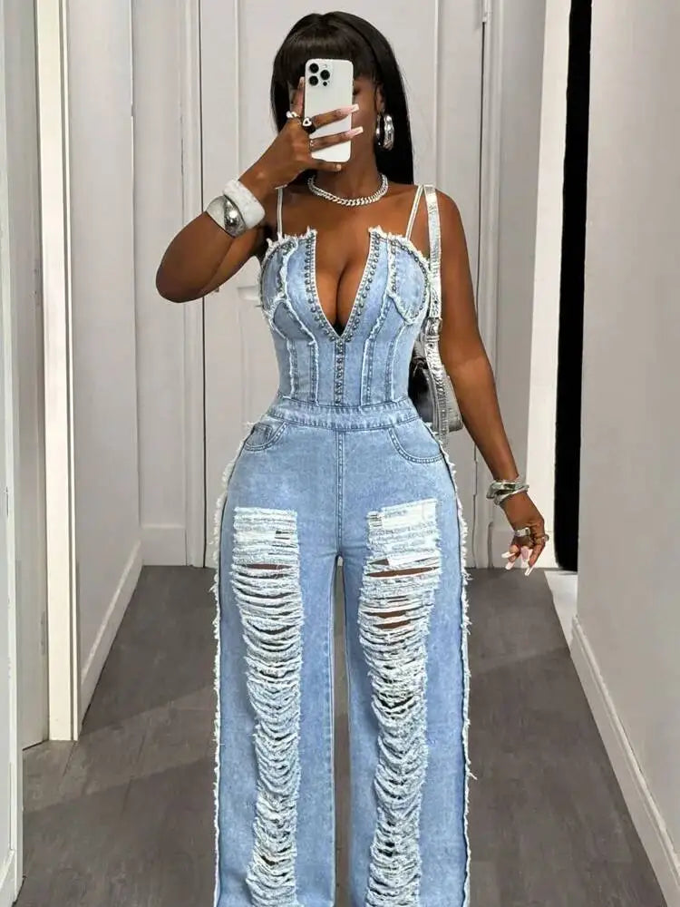 SHENGPALAE Women Denim Jumpsuit Spaghetti Strap Wide Leg Ripped Frayed Pocket Street Washed Autumn 2026 New 05E03276