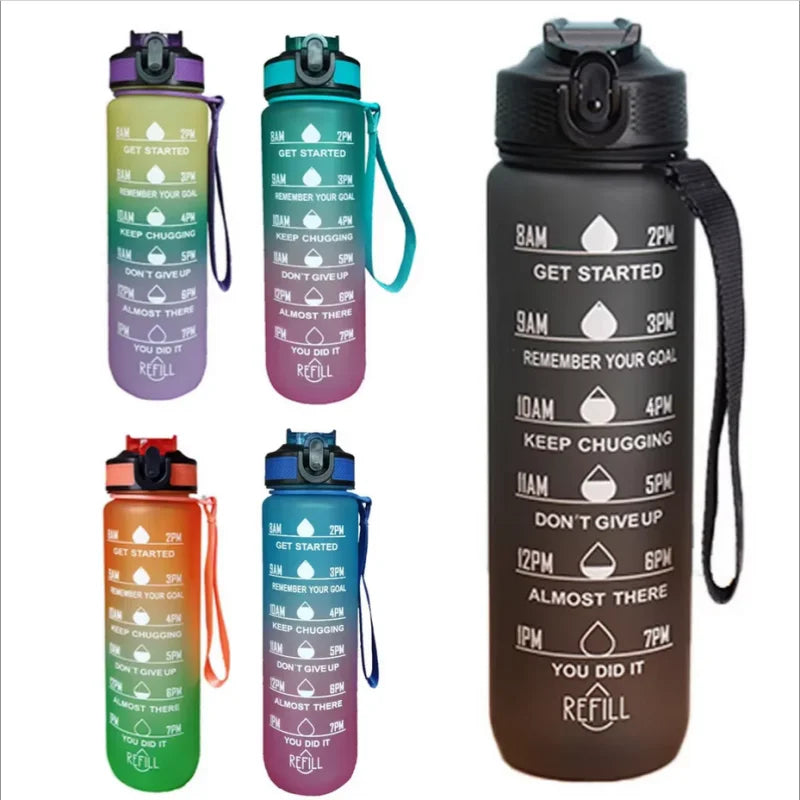 1000ML Sports Bottle Gradient Color Water Bottle with Time Scale Portable Outdoor Sport Drinking Cup Cycling Camp Water Cup