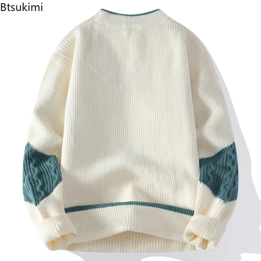 New Men's Mock Neck Knitted Sweaters Fashion Patchwork Knitting Pullovers Autumn Winter Daily Casual Warm Pullover Sweaters Male