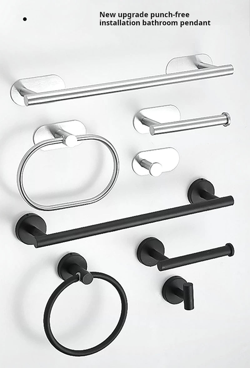 4pcs Bathroom Punch-free Towel Bar Set Stainless Steel Bathroom Hardware Wall-mounted Towel Rack Hook Tissue Holder