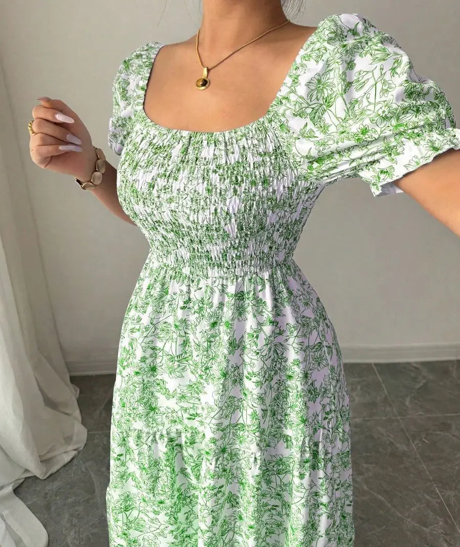 Spring and Autumn Women's Square Neck Short Sleeve Long Skirt Fresh Printed Casual Fashion Slight Backless Temperament Dress