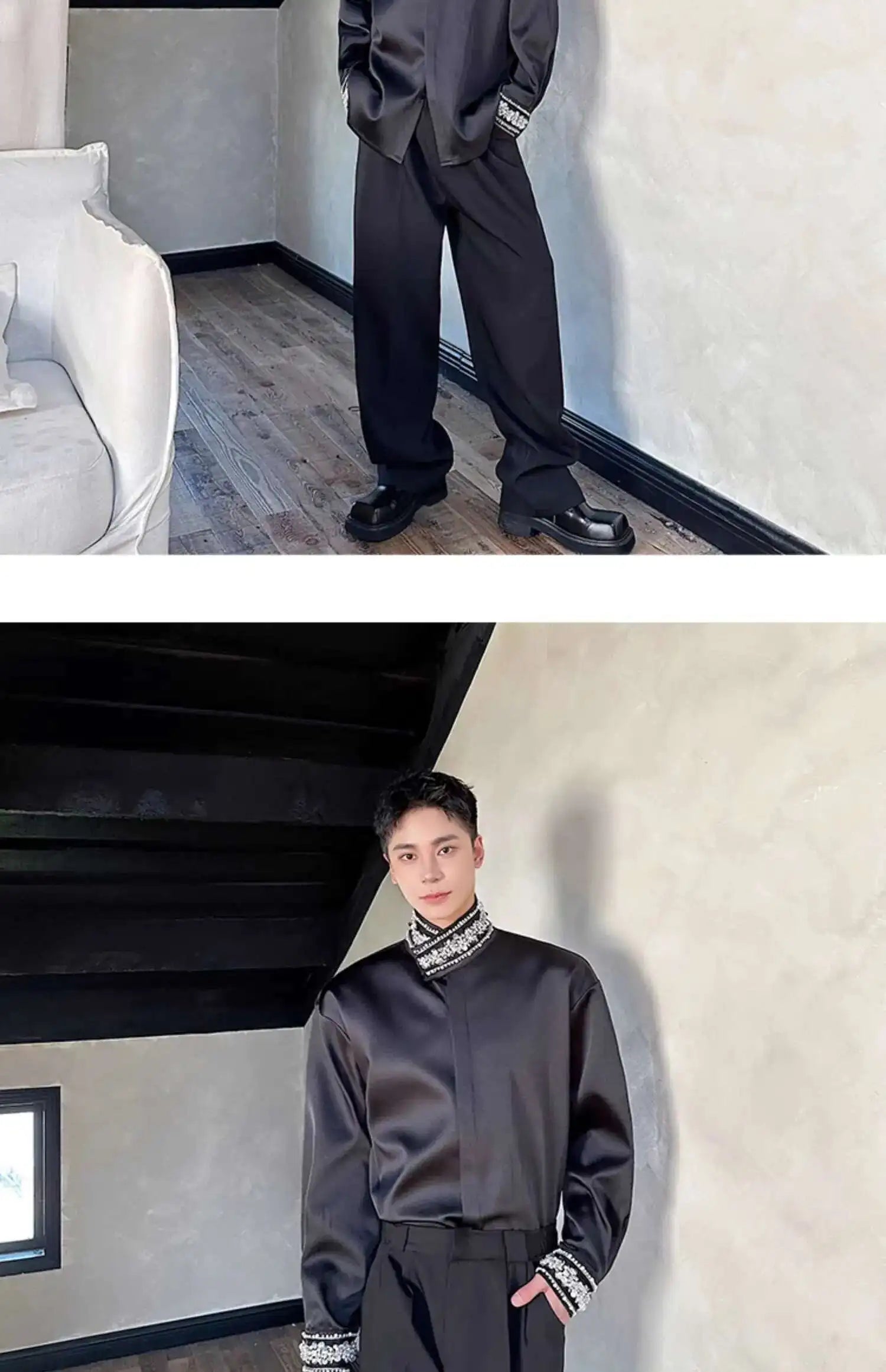 PFHQ Diamond Decoration Satin Long Sleeve Male Shirts Stand Collar Solid Color Single Breasted Men's Wear 2025 New Fashion9C7199