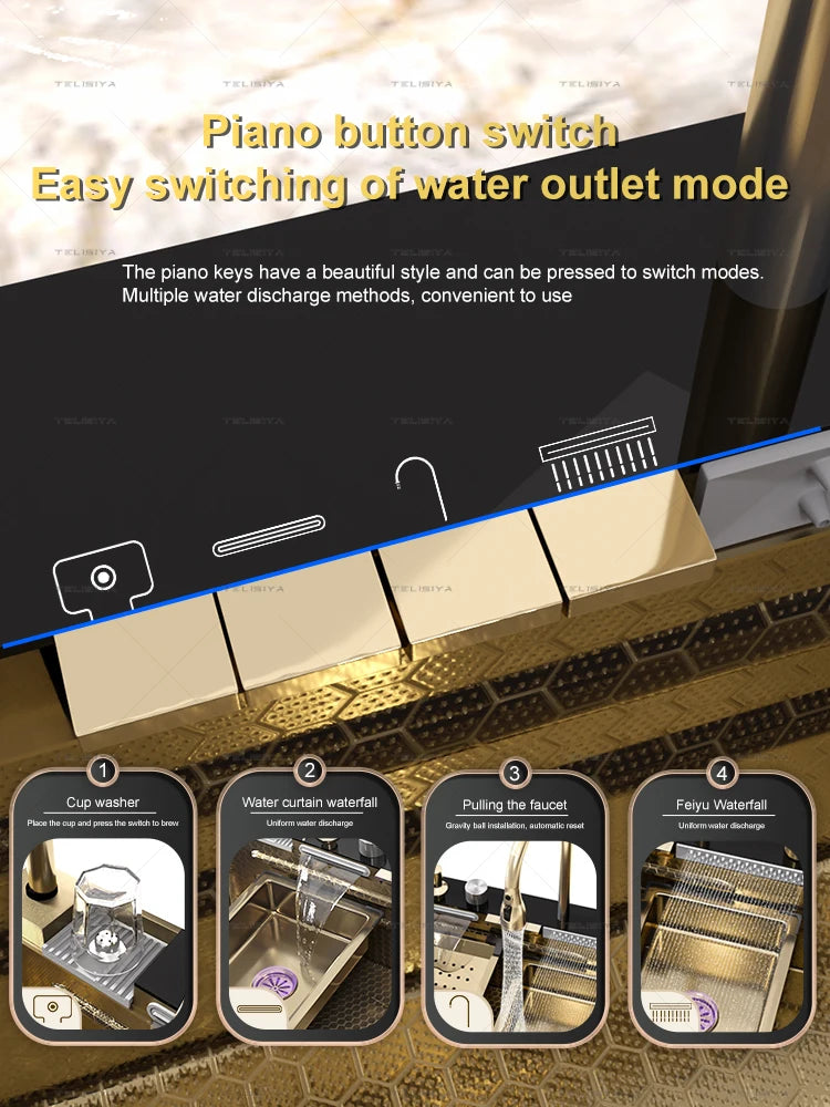 Stainless Steel Golden Kitchen Sink Multifunctional Waterfall Outlet Single Slot Piano Button Digital Display