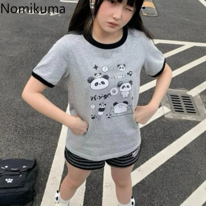 Japanese Shorts for Women Panda Embroidery Casual Pants Casual Fashion Striped Cute Summer Shorts Pantalones Cortos De Mujer
