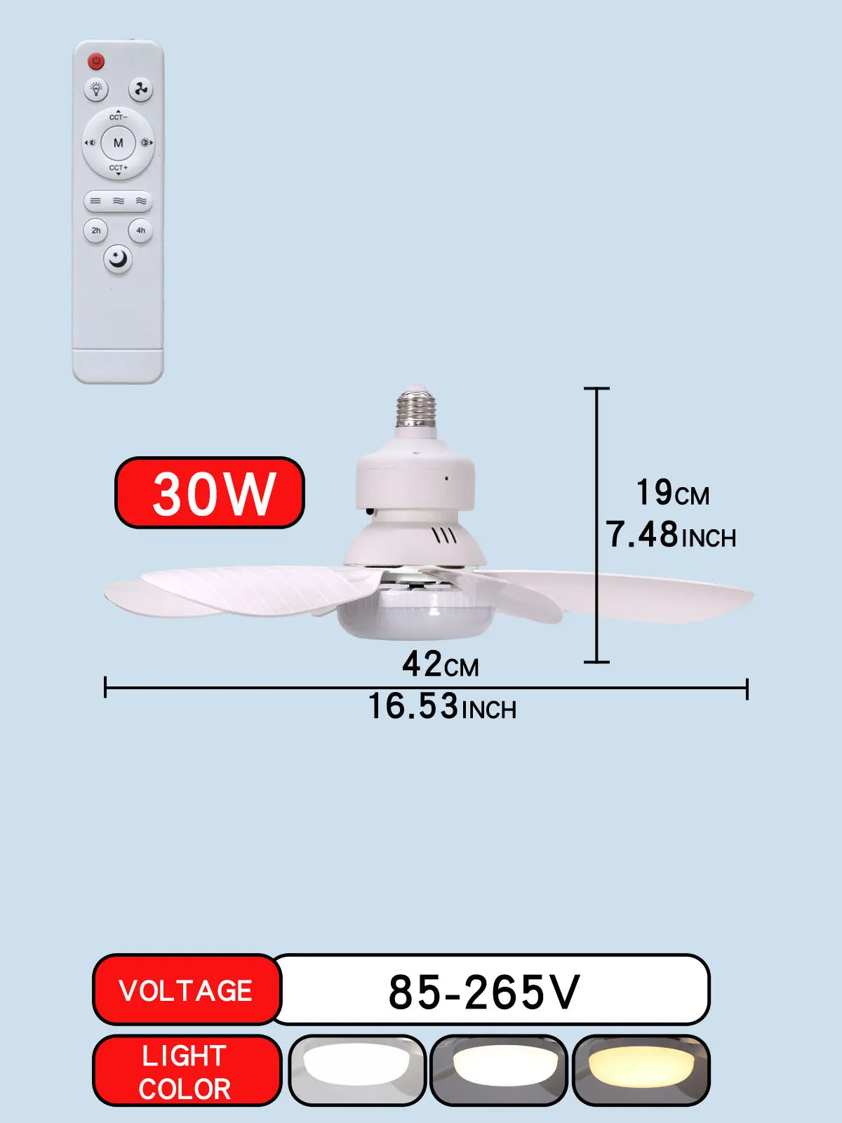 E27 with Remote LED 30W 40W Ceiling Fan Light Dimming Function Suitable for Living Room Study and Home Use 85-265V