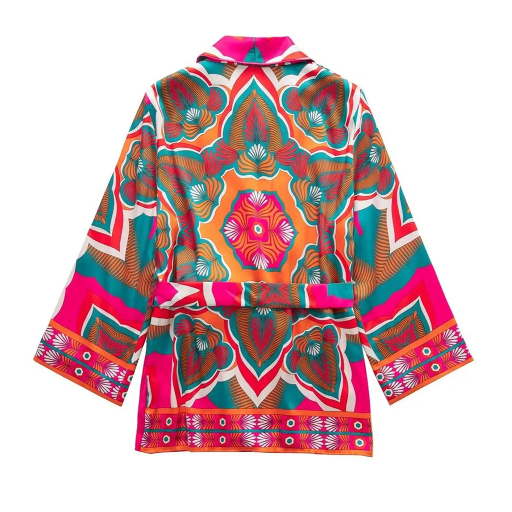 Women Fashion Print Pajamas Suit Autumn Shirts+Long Pants Set 2024 Female 2PCS Sets Casual Top With Belt Street Outwear Mujer