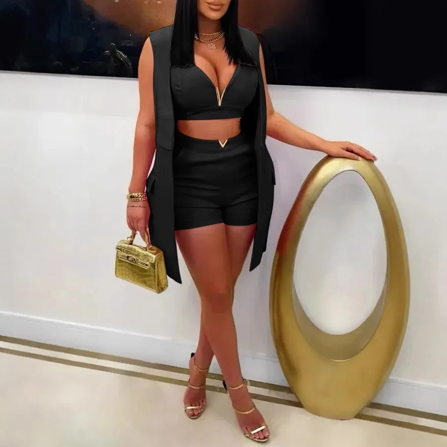 3 Pieces Set Sexy 2025 Summer Spring Fashion Women Set Female Tops Solid Sleeveless Blazers Tops And Shorts Suit Matching Outfit