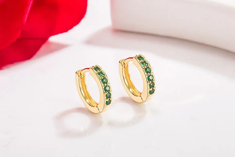 14K Gold emerald Jewelry Stud Earrings for Females Single Row Full Drill Buckle Aros Mujer Oreja Real 14 K Yellow Gold Orecchini