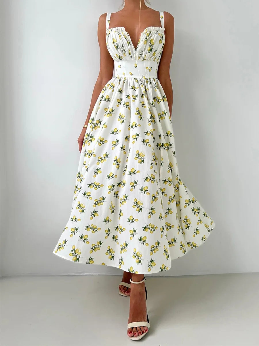 Bornladies 2025 Summer New Printing Cami Dress High Waist Slit Lemon Print Maxi Dress Vacation Long Dress For Women