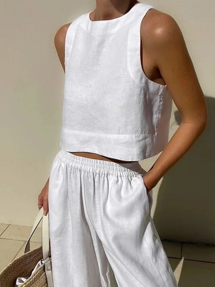 Women's Long Pant Sets Sleeveless Cropped Top Drawstring Elastic Waist Wide Leg Pants 2 Piece Set Casual Commute 2026 Summer New