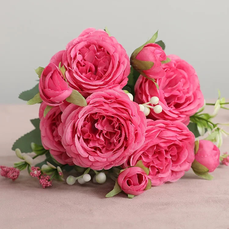 30cm Rose Pink Silk Peony Artificial Flowers Bouquet 5 Big Head and 4 Bud Cheap Fake Flowers for Home Wedding Decoration indoor