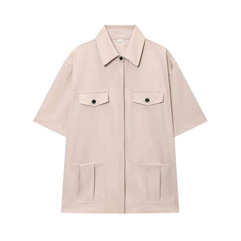 HH Women Summer Solid 2-Piece Set Button Pocket Decoration Short Sleeve Lapel Shirts+High Waist Pleated Zipper Casual Shorts