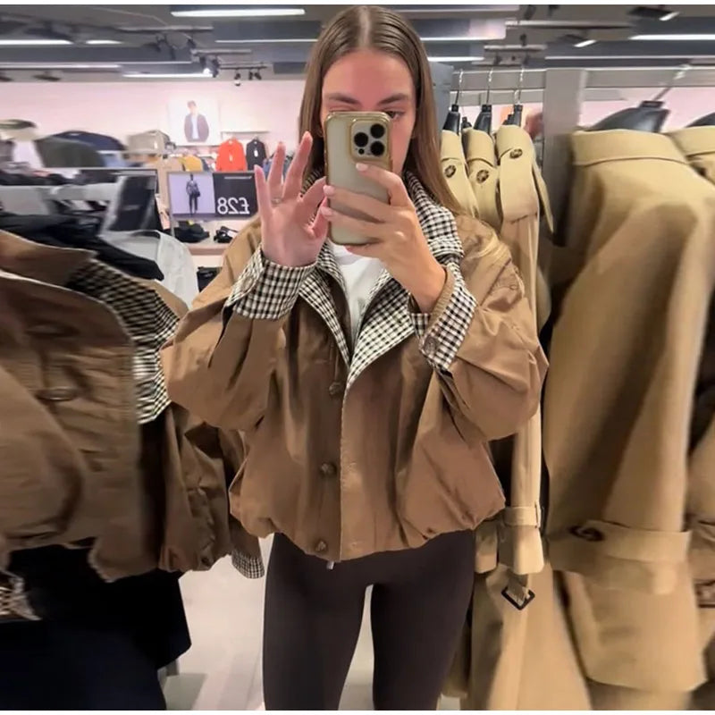 Elegant Plaid Patchwork Women's Jacket Loose Full Sleeve Stand Collar Single Breasted Outwear Female 2026 Fashion Autumn Outwear