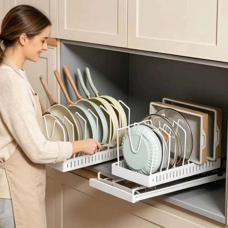 Kitchen Cabinet Pull Out Tray Organizer Adjustable Dish Rack Slide Rails Pots Pans Storage Holder