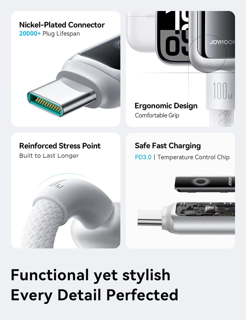 JOYROOM Smart Safe 100W PD Fast Charging Cable - USB-C with Auto-Shutoff, LED Indicator & Smart Chip for iPhone 17/16/15