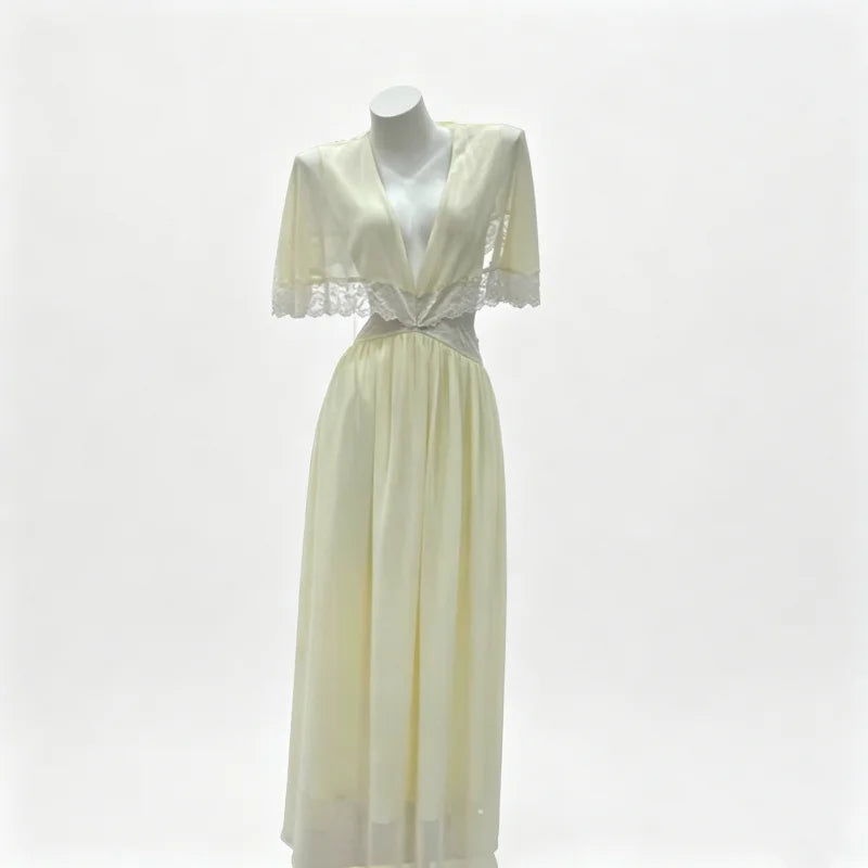 Lightweight Chiffon V-Neck Lace Insert Waist Maxi Dress Cutout Puff Sleeve 2026 Summer Women Party Dress Trendy Chic Lady Outfit