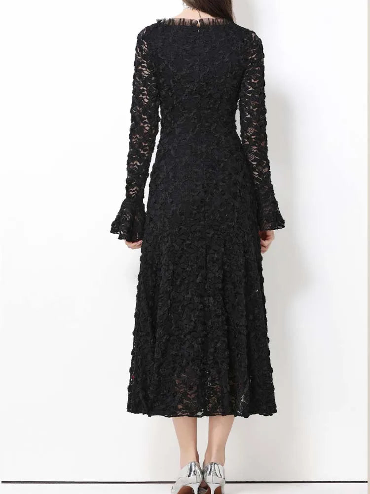 Elegant Square Neck Lace Three-Dimensional Flower Trumpet Sleeve Slim Fit Dress 2025 New Fashionable Autumn Women'S Clothing
