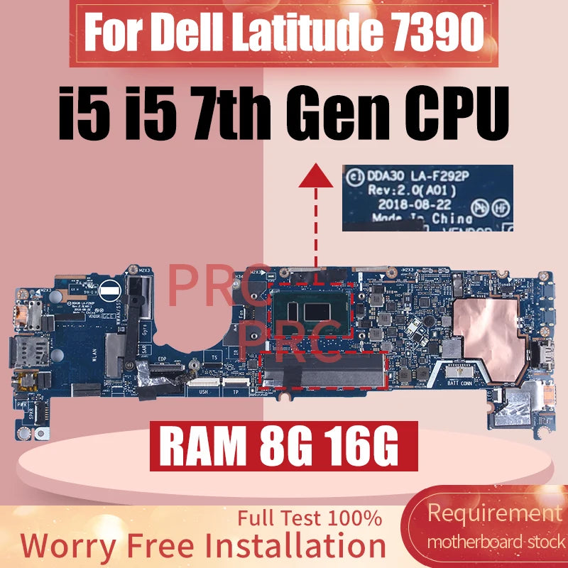 For Dell Latitude 7390 Laptop Motherboard LA-F292P 02WCVJ 041M0M 0CM3RM 0YNMMF i5 i7 8th Gen CPU RAM 8/16G Notebook Mainboard