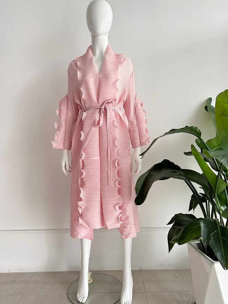 2024 Miyake Ruffled Early Spring and Autumn New Long Sleeve Ruffled High Elastic Dress V-neck Long Sleeve Women's Dress