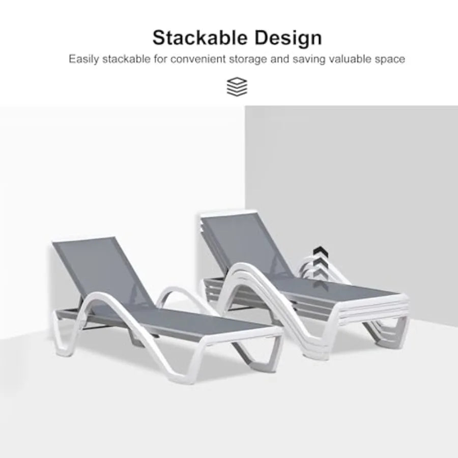 Patio chaise lounge for outdoor use, PP material frame and breathable Textilene fabric, grey color, 6 reclining positions inclu