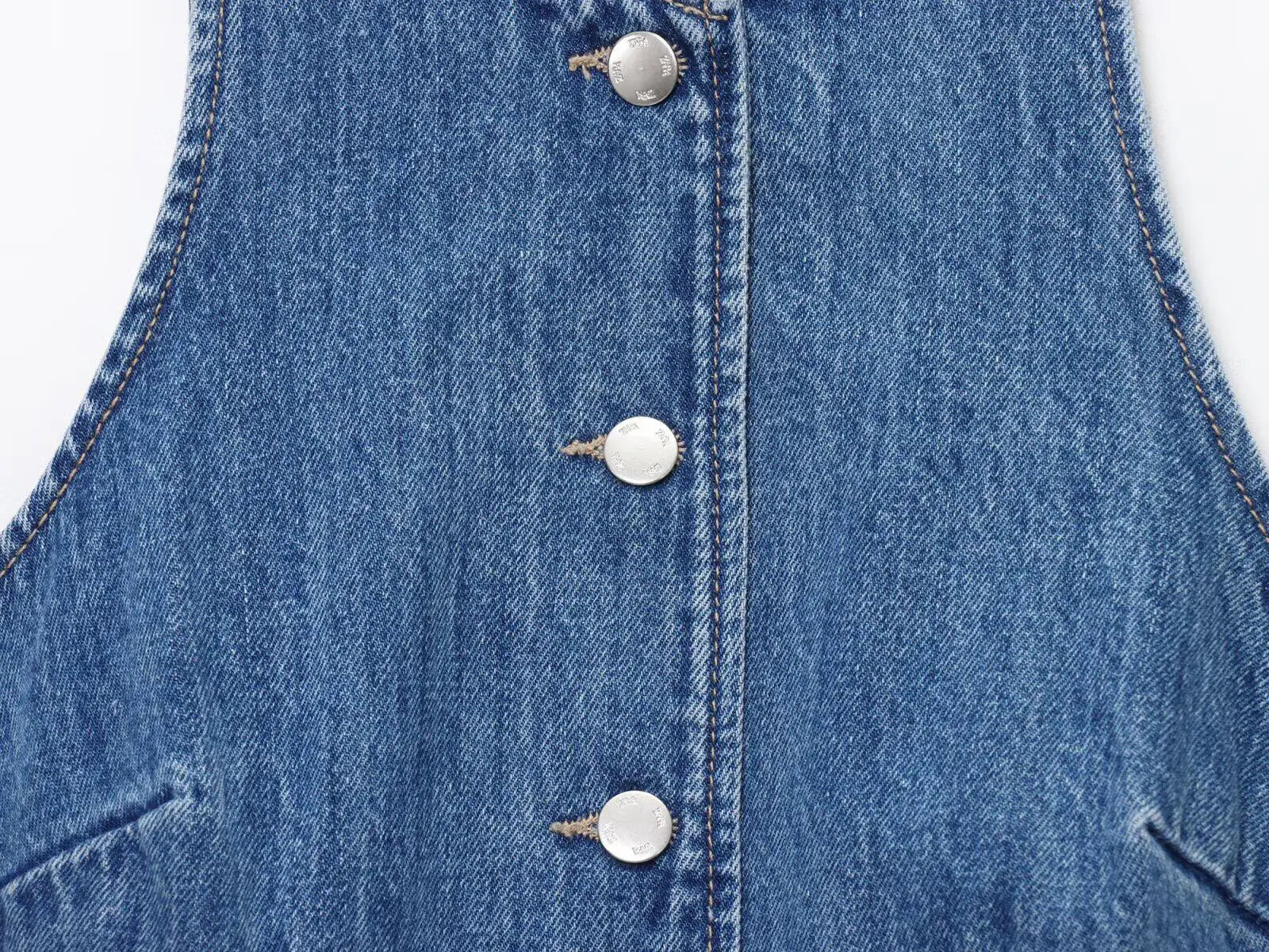 Women Denim Short Dress Round Neck Sleeveless Vest Style Single Breasted Design Solid Color Simple Daily Casual Versatile Dress