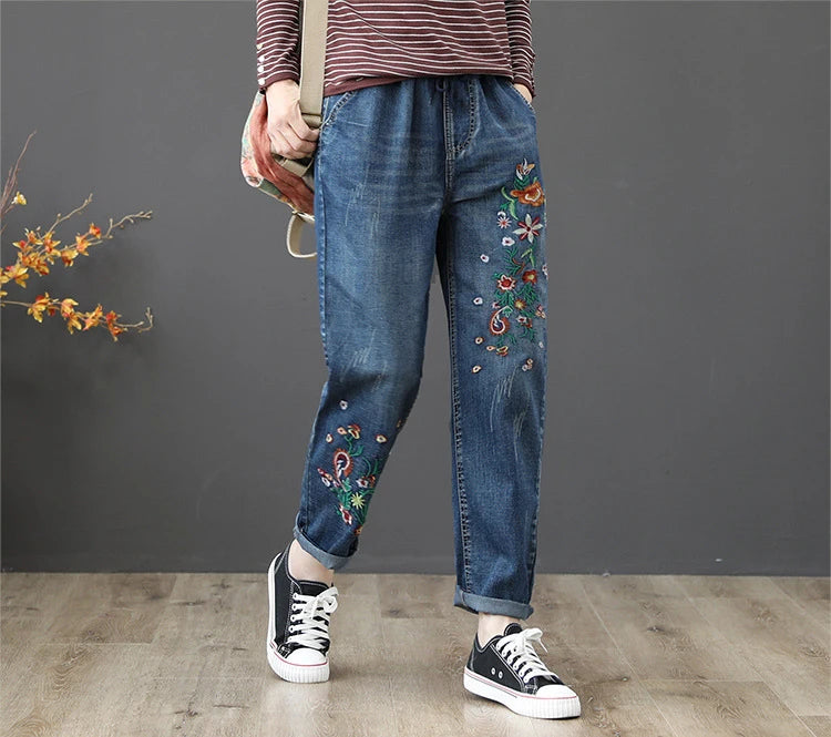 Women's Denim Pants Vintage Flower Embroidery Chinese Hand Work High Quality Casual Loose Jeans China Clothing Factory Wholesale