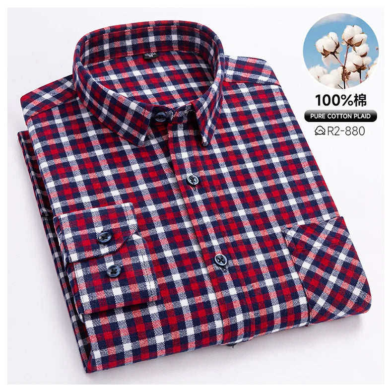 Classic Retro Plaid Flannel Shirt Long Sleeve 100% Cotton Fashion Casual Soft Spring Autumn Winter Standard Pocket Men's Shirt