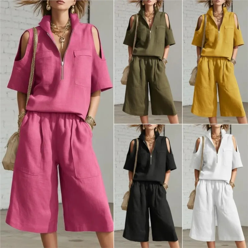 2026 New Summer Women's Clothing Two-piece Set Fashion Pockets Short-sleeved Shorts Shirt Loose Pants Casual 2-piece Set Women