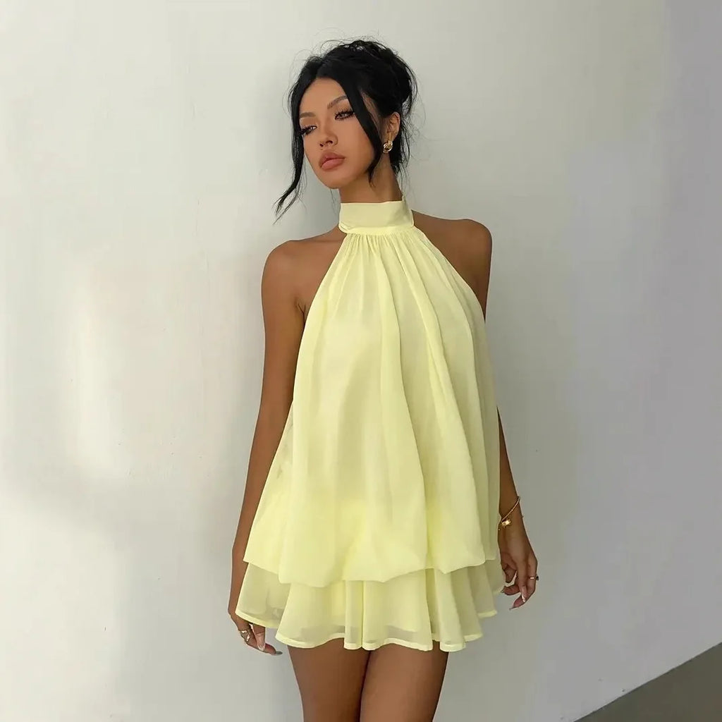 Women Halter Neck Backless Tie Mini Dress Summer Sleeveless Chiffon Ruffle Short Dresses Sexy Club Party Beach Vacation Outfit