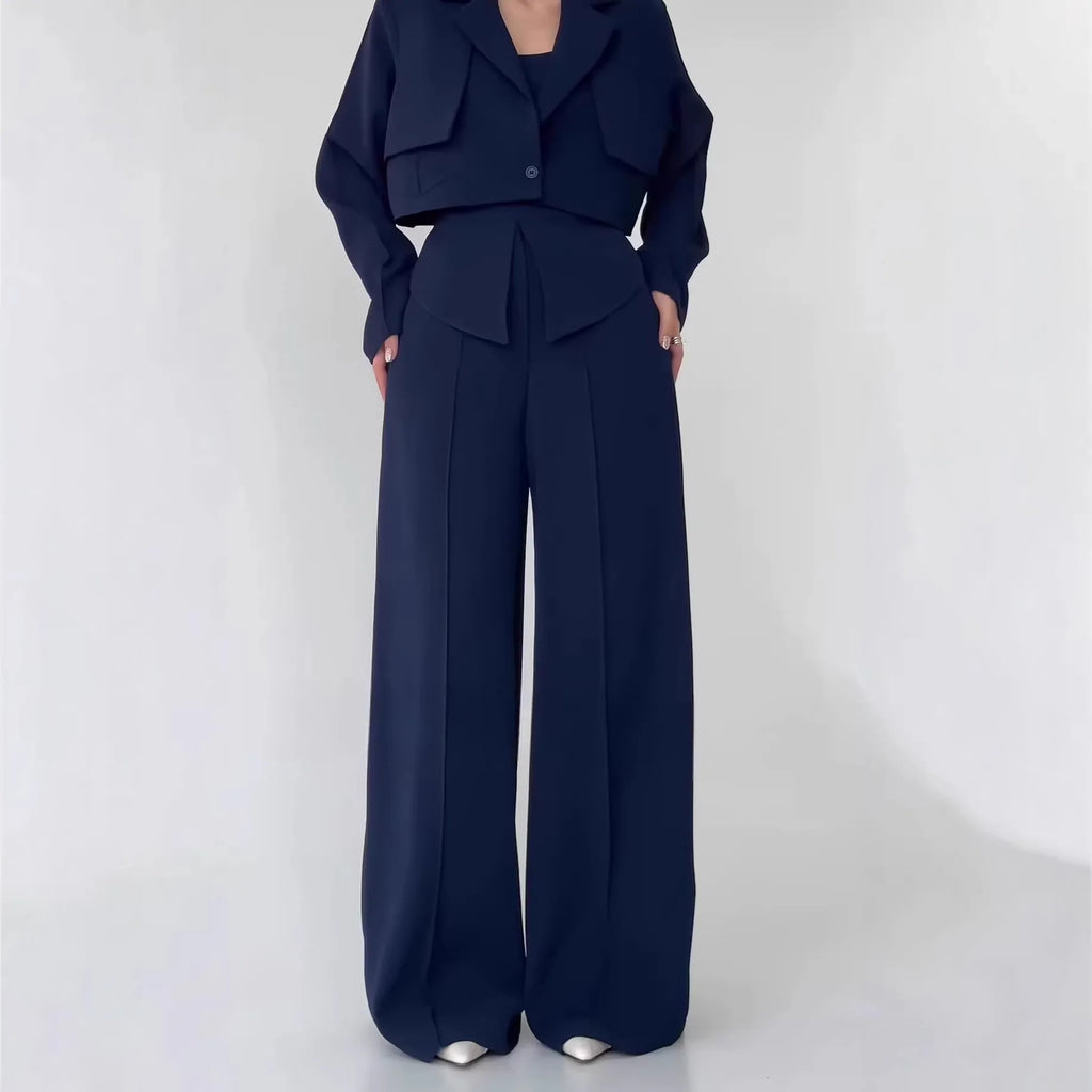 Pant Set Women 3 Piece Sets Lapel Full Sleeve Blazers Plain Sling Top Wide Leg Long Pants Splice Y2k Streetwear Work Summer 2026