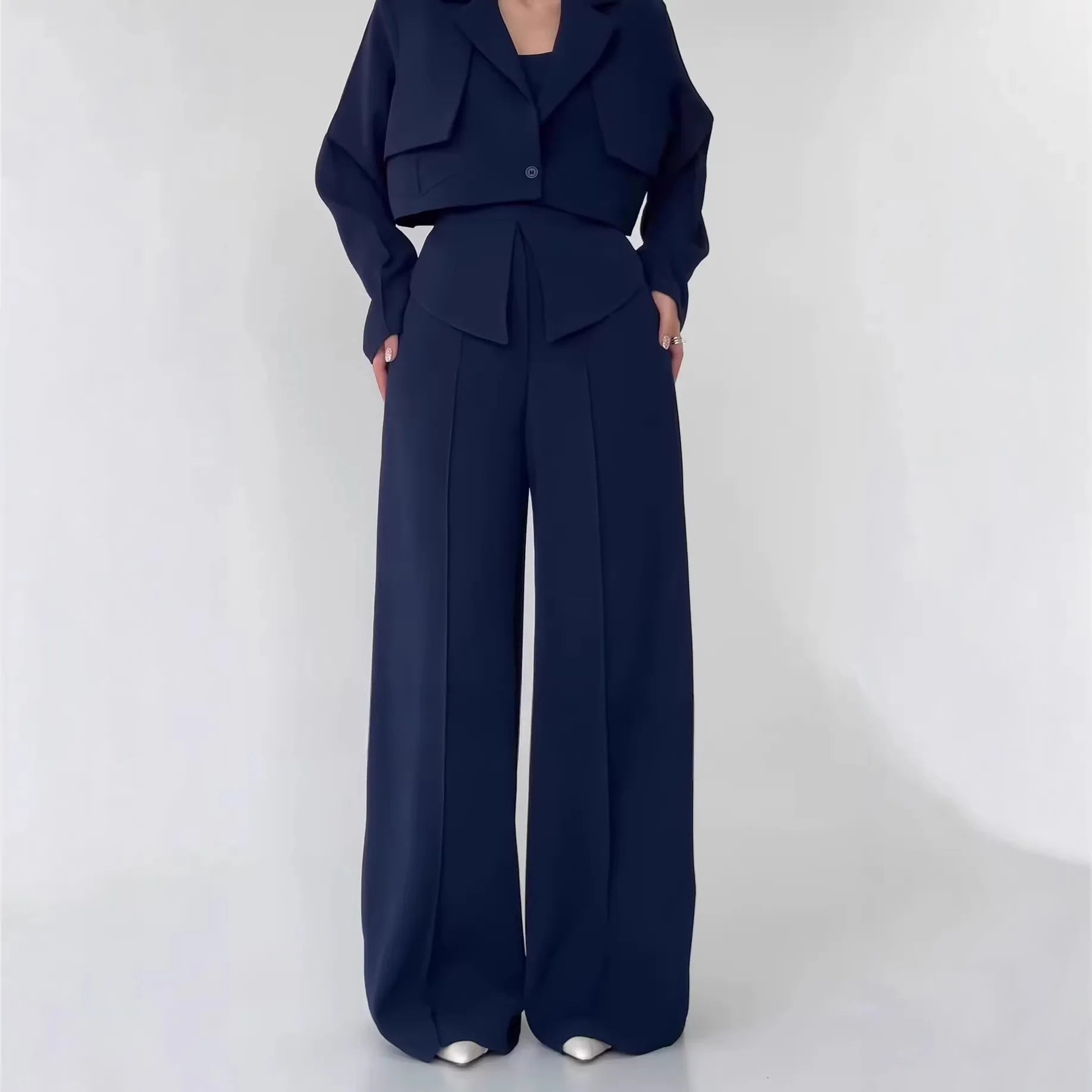Pant Set Women 3 Piece Sets Lapel Full Sleeve Blazers Plain Sling Top Wide Leg Long Pants Splice Y2k Streetwear Work Summer 2026