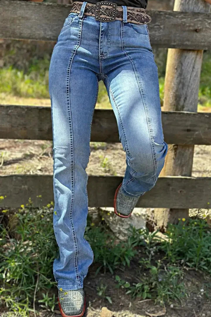 【HME】Jeans | Vertical Seam Accent Denim Pants, High Waisted Slim Flare Bootcut Denim, Soft Light Wash Fabric, Classic Western Design, Versatile Pants For Women’s Casual Outfits