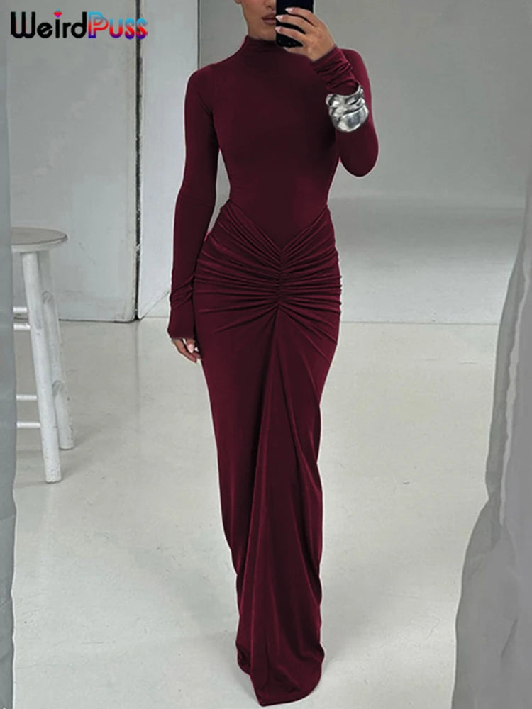 Weird Puss Hipster Ruched Dress Women O-Neck Full Sleeve Skinny Stretch Robe Autumn Trend Simple Classic Pleats Long Bodycon