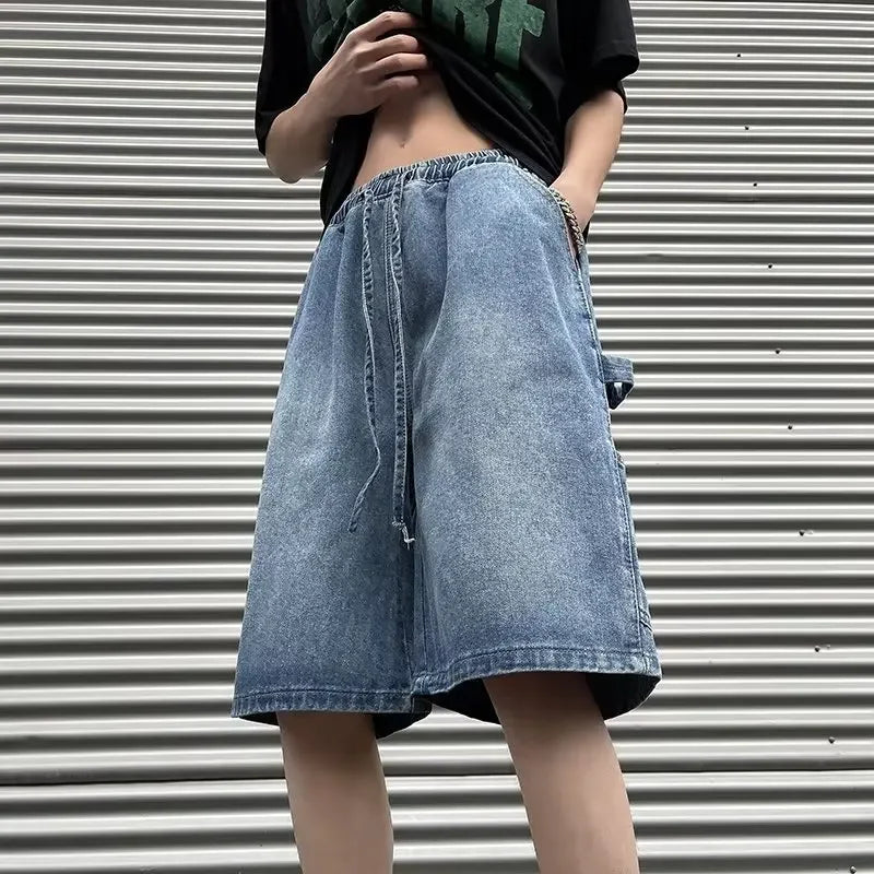 Fashionable Loose-fit Straight-leg Denim Shorts Simple Solid Color Casual Versatile Men's Five-point Pants
