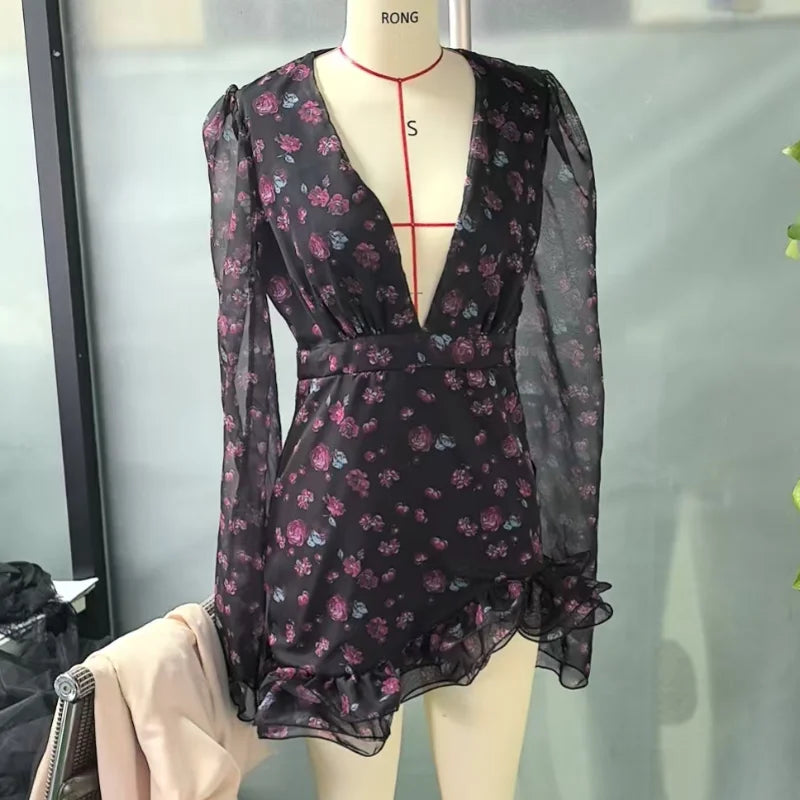Women Flora Painted Ruffle Mini Dress Elegant Full Sleeve Deep V-neck Slim A-line Vestidos 2026 New Lady Holiday Street Dresses