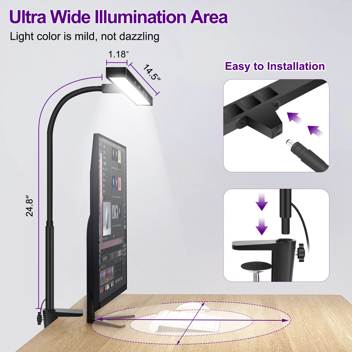 NEWACALOX EU/US 12V 24W Touch Control Desk Lamp with Clamp 360° Adjustable Gooseneck 3 Colors Table Light for Home Office Study