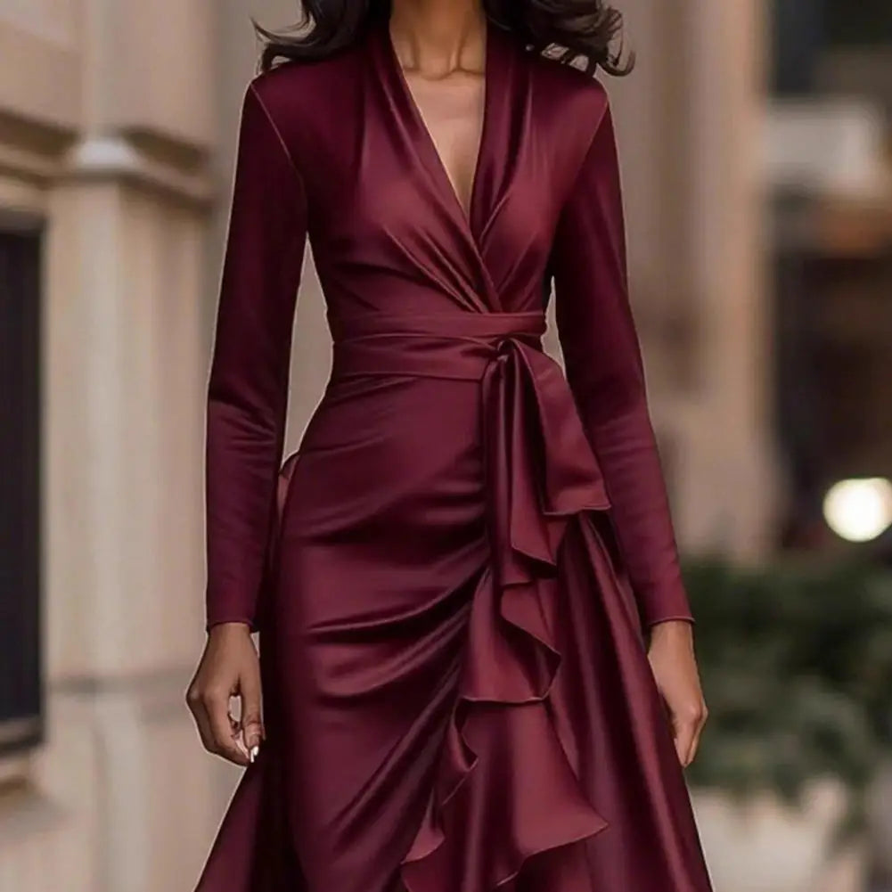 2026 Evening Dress Women Long Sleeve V Neck High Waist Slim Fit Ruffle Solid Color Elegant Fashion Party Spring Autumn Dress 80%
