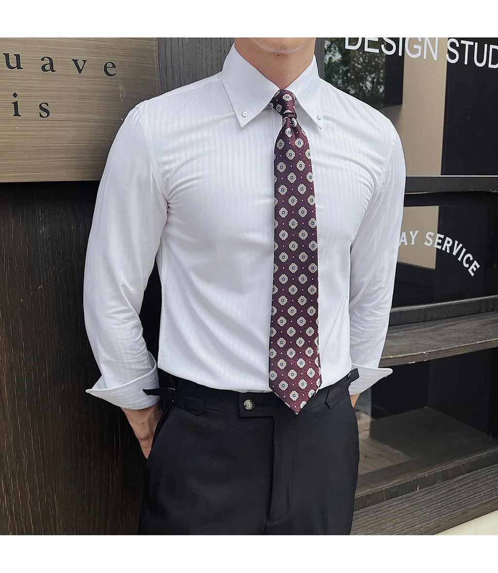 High-quality autumn men's new long-sleeve dark striped slim-fit shirt business casual formal workwear M-4XL