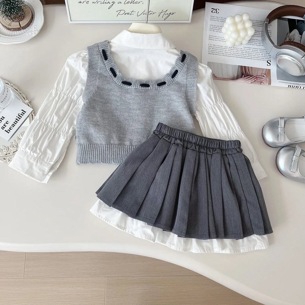 24 Girls Baby Spring Autumn Winter Clothing Set Elegant Girl Kids Puff Sleeves Shirts+knit Sweaters Vests+Skirts 3pcs Clothes