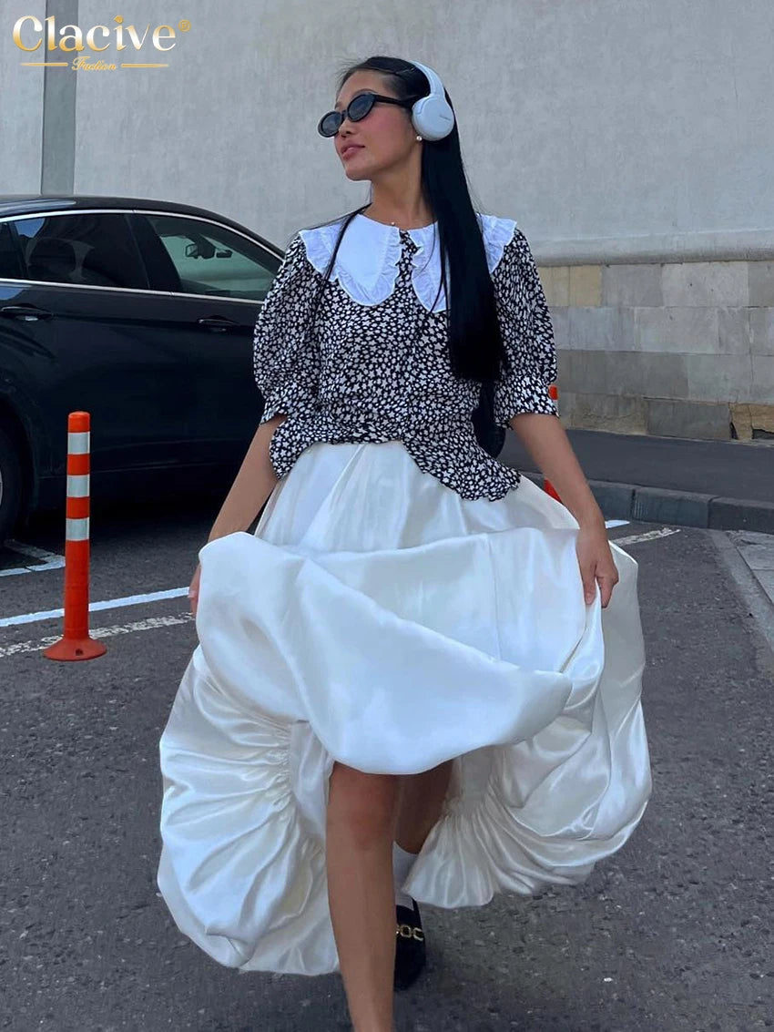 Clacive Fashion Beige Satin Skirts For Women Elegant High Waist Office Lady Ankle-Length Skirt Casual Loose Skirt Female Clothes