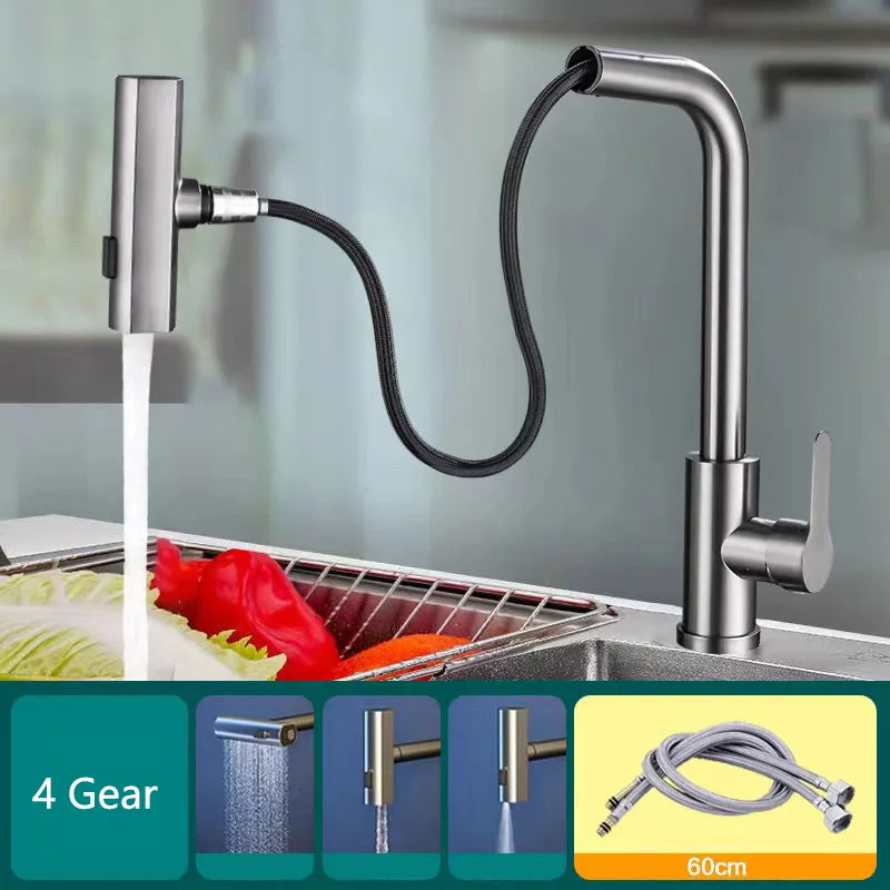 Kitchen Pull-out Flying Rain Waterfall Faucet Hot and Cold Faucet 304 Stainless Steel Single Hole Kitchen Faucet Bathroom