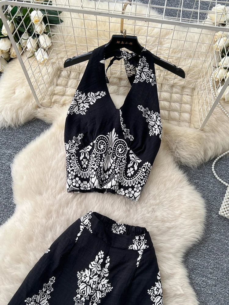 Women's Summer Two Pieces Bohemian Vacation Printed Halter Neck Sleeveless Top High Waist Wide Leg Pants Two-piece Set TP044
