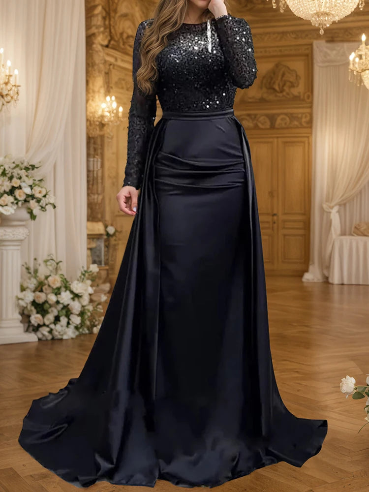 Glamorous Sequin Evening Dress For Women Crew Neck Gold Long Sleeve Ruched Tiered Bodycon Formal Prom Dress Wedding Maxi Dresses