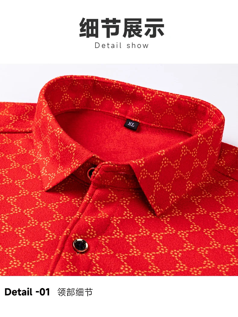Men's long-sleeved shirt in Chinese red with fleece and thickened texture, warm and casual, comfortable and versatile for winter