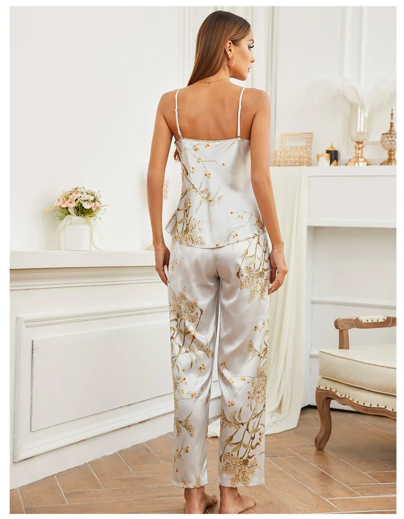 Women 4PCS Pajamas Kimono Bathrobe Nightgown Print Cherry Flower Trouser Suit Sleepwear Loose Satin Home Wear Pyjama Pour Femme