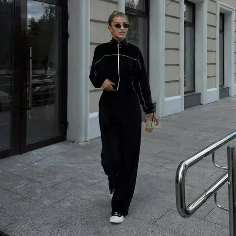 Women's Casual Solid Color Two-piece Short Stand-up Collar Jacket Wide-leg Pants 2026 Street Style Women's Clothing Set